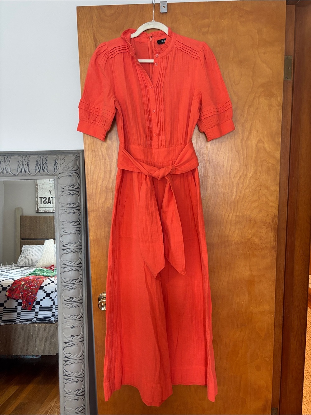 ME+EM Cheesecloth Button Front Jumpsuit with Self Tie Waist